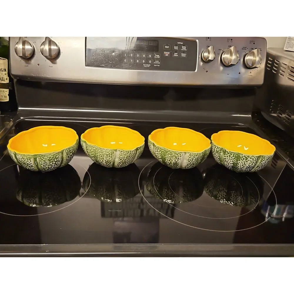Set Of 4 Vintage Majolica Knobler Style Ceramic Cantaloupe Bowls EUC